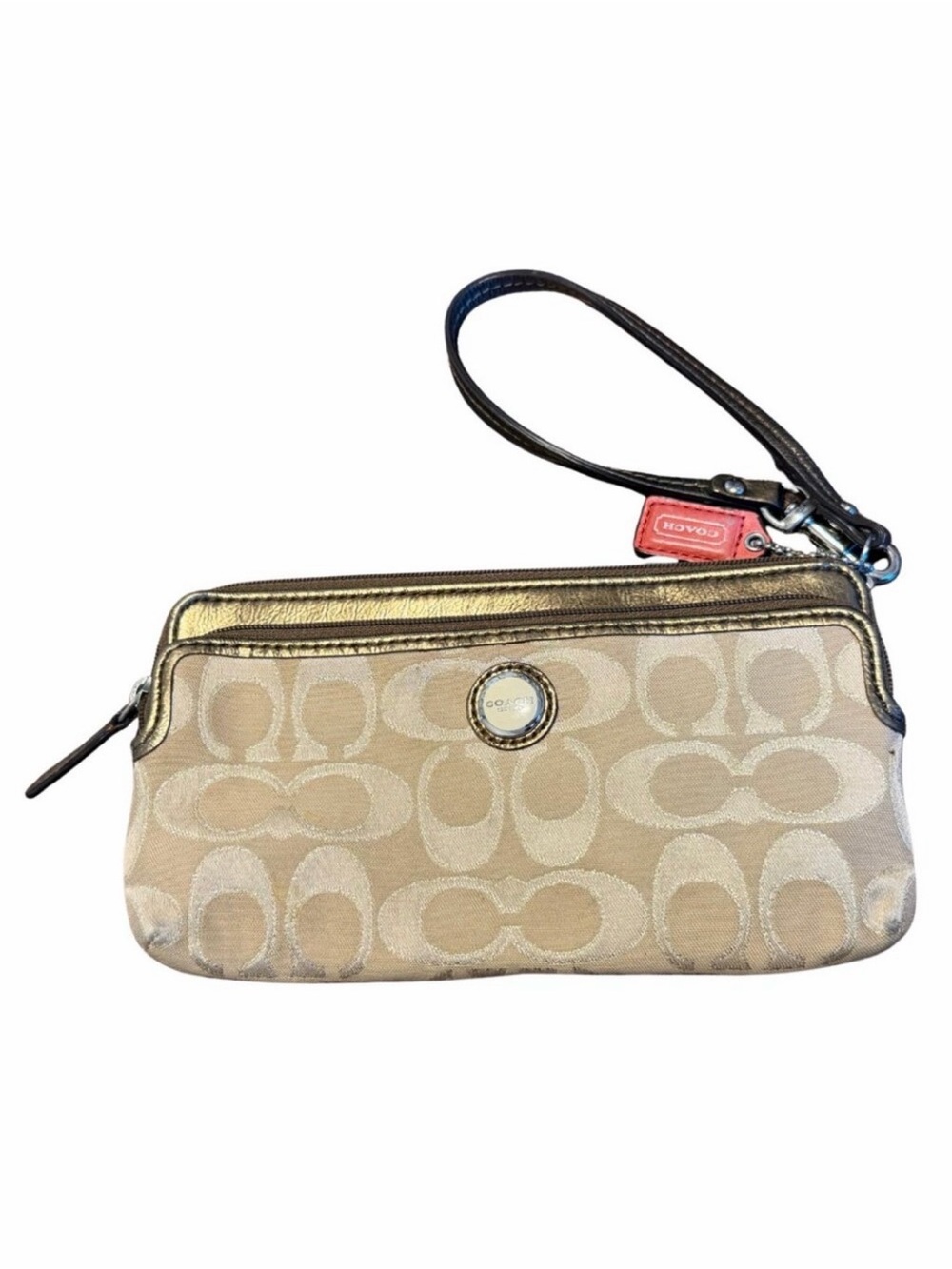Coach Signature Jacquard Double Zip Wristlet Wallet Gold Tan